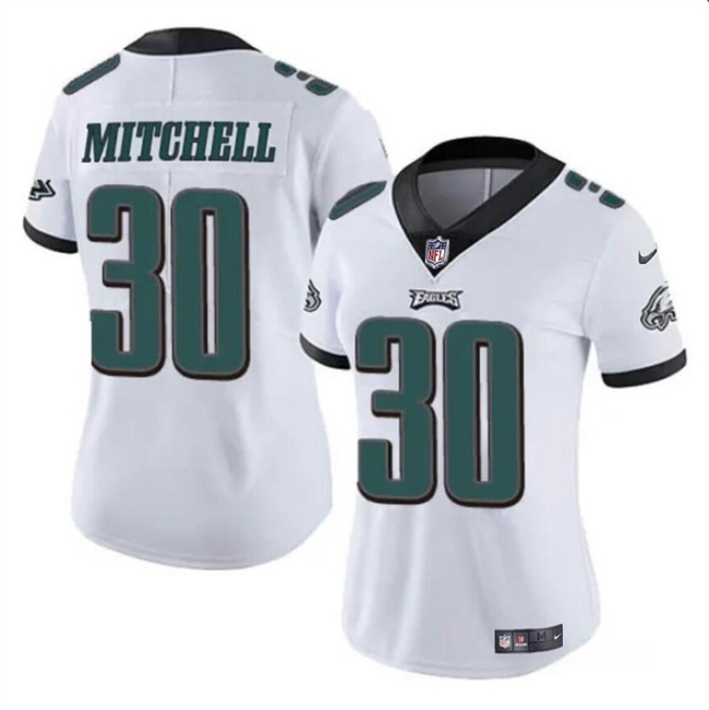 Women's Philadelphia Eagles #30 Quinyon Mitchell White 2024 Draft Vapor Untouchable Limited Stitched Football Jersey(Run Small)